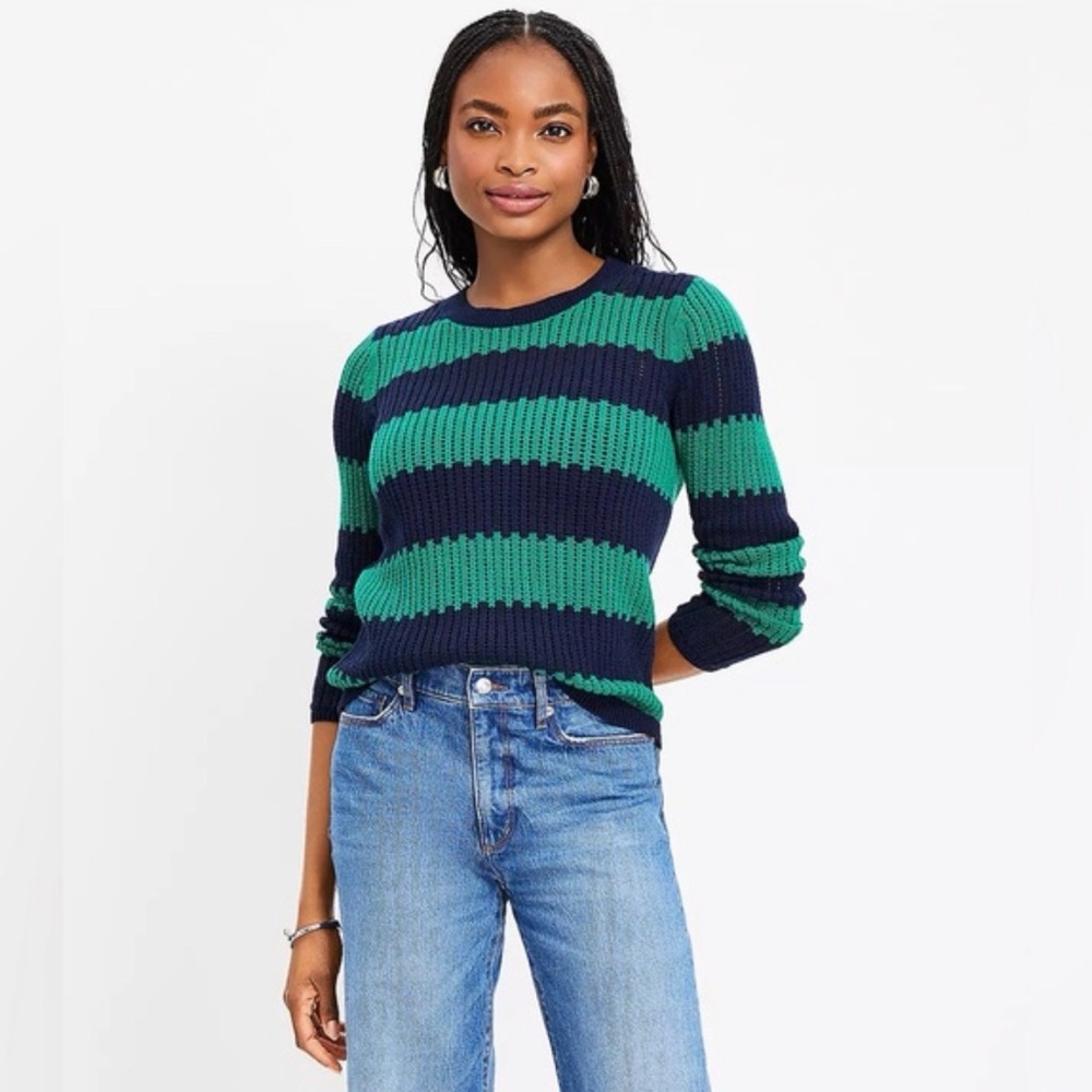 Loft‎ green blue striped open stitch knit sweater size medium